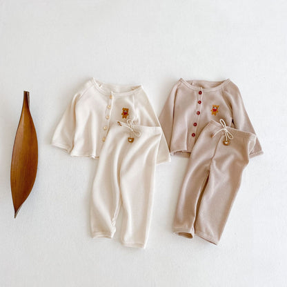 Teddy Bear Embroidered Two Piece Set - Vanilla