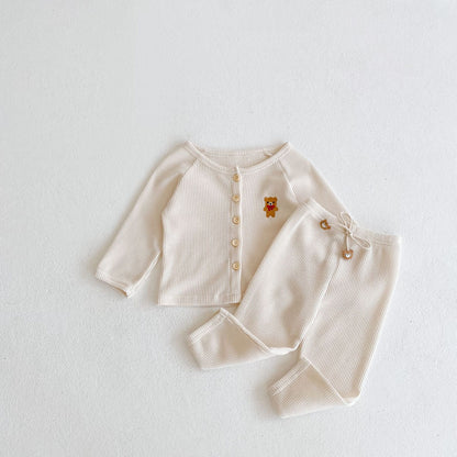 Teddy Bear Embroidered Two Piece Set - Vanilla