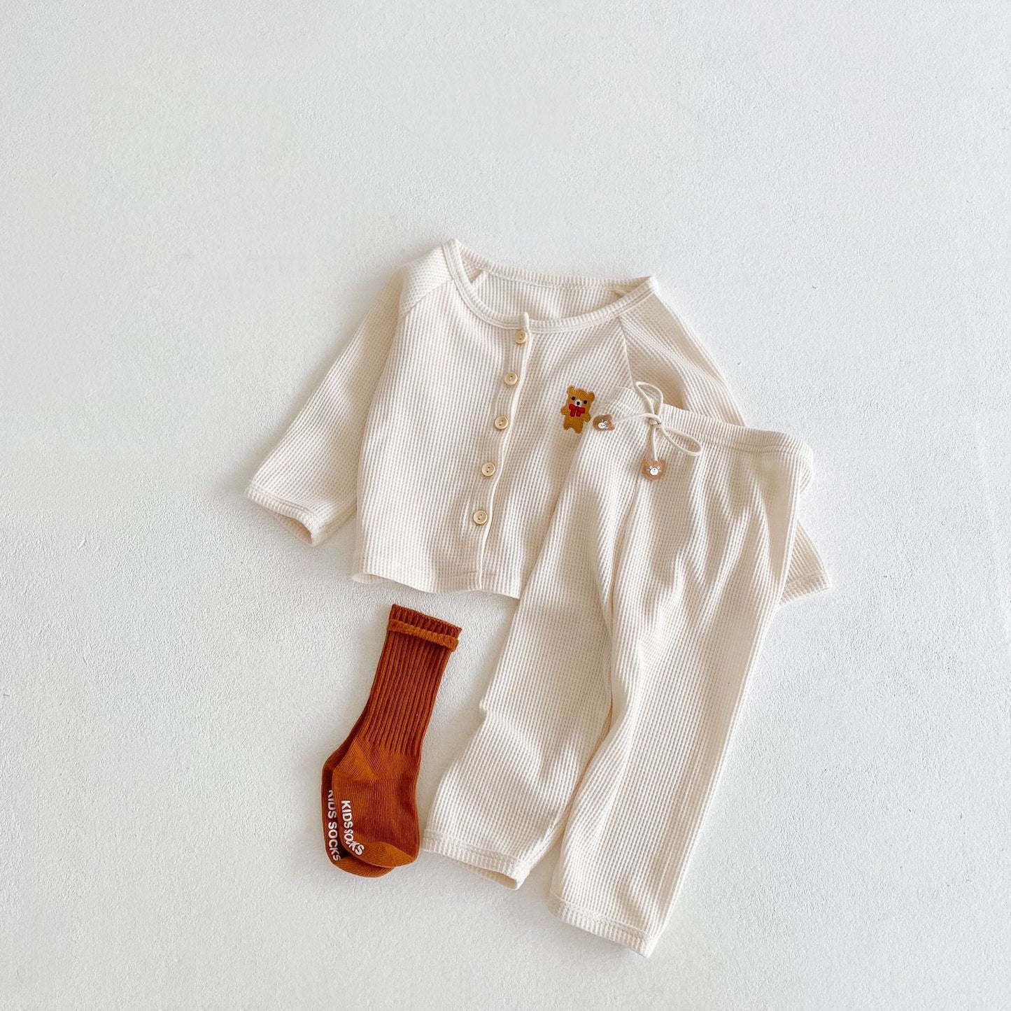 Teddy Bear Embroidered Two Piece Set - Vanilla