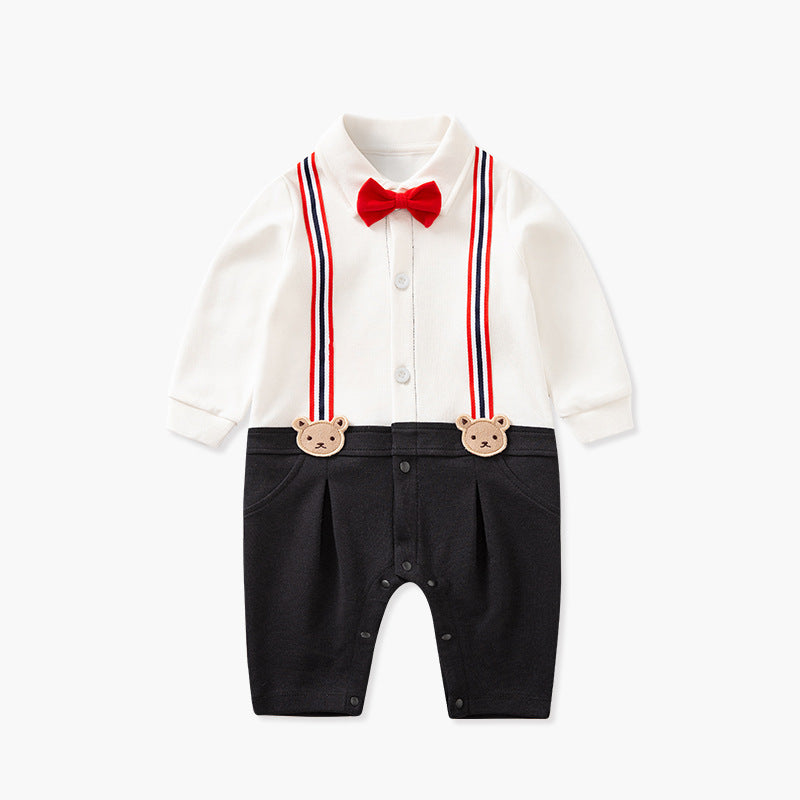 Long Sleeved Bear Suspender Romper - Black