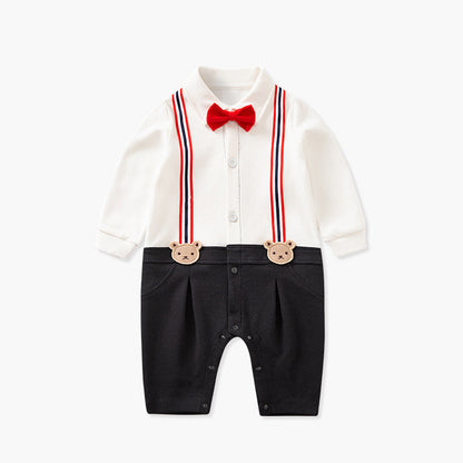 Long Sleeved Bear Suspender Romper - Black
