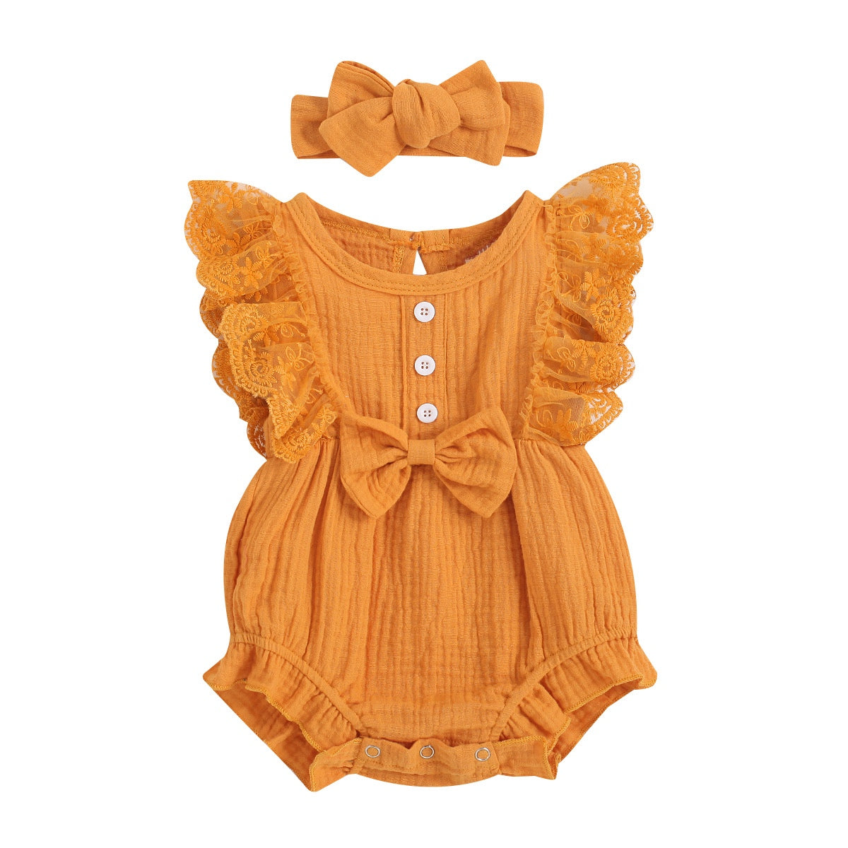 Camila Cotton Muslin Romper and Headband Set - Saffron