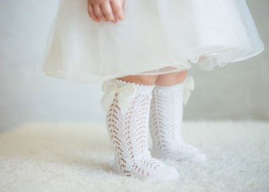 Bow Knee High Crochet Socks - Cloud Grey