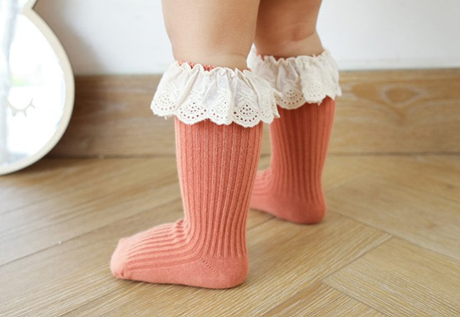 Lace edged Cotton Rib Socks - Terracotta