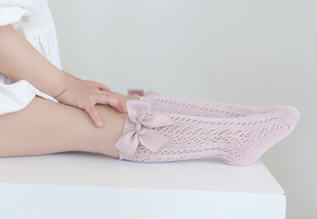 Summer Bow Knee High Crochet Socks - Blush