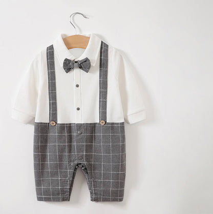 Long Sleeved Checkered Suspender Romper - Grey