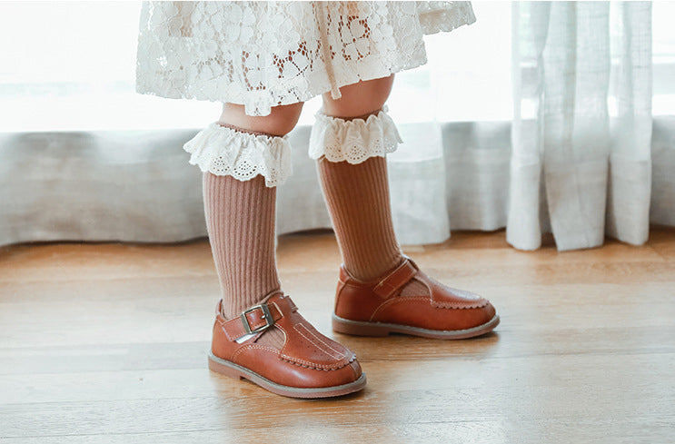 Lace edged Cotton Rib Socks - Coffee