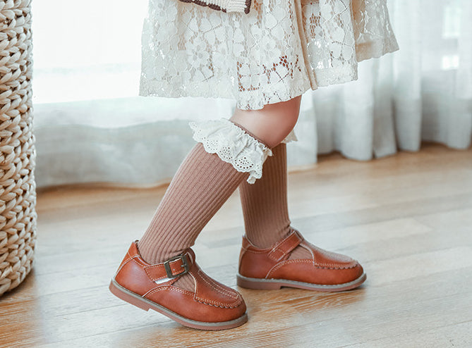 Lace edged Cotton Rib Socks - Coffee