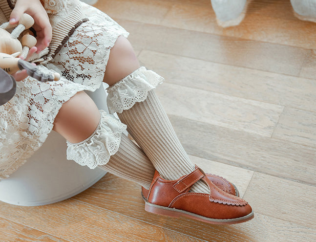 Lace edged Cotton Rib Socks - Cream