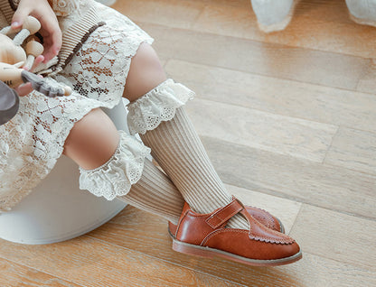 Lace edged Cotton Rib Socks - Coffee