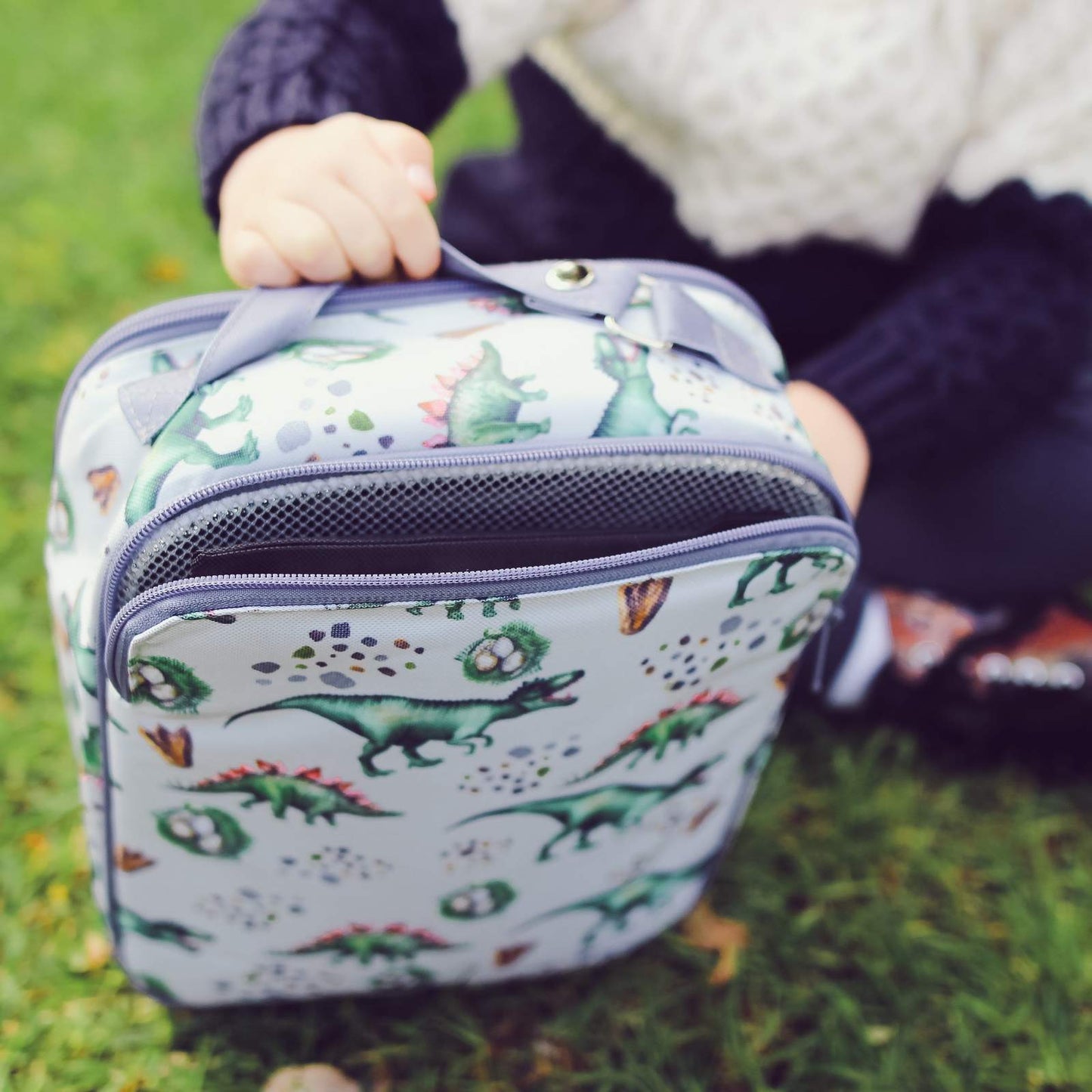 MontiiCo Insulated Lunch Bag & Ice Pack - Dinosaur Print - White & Green
