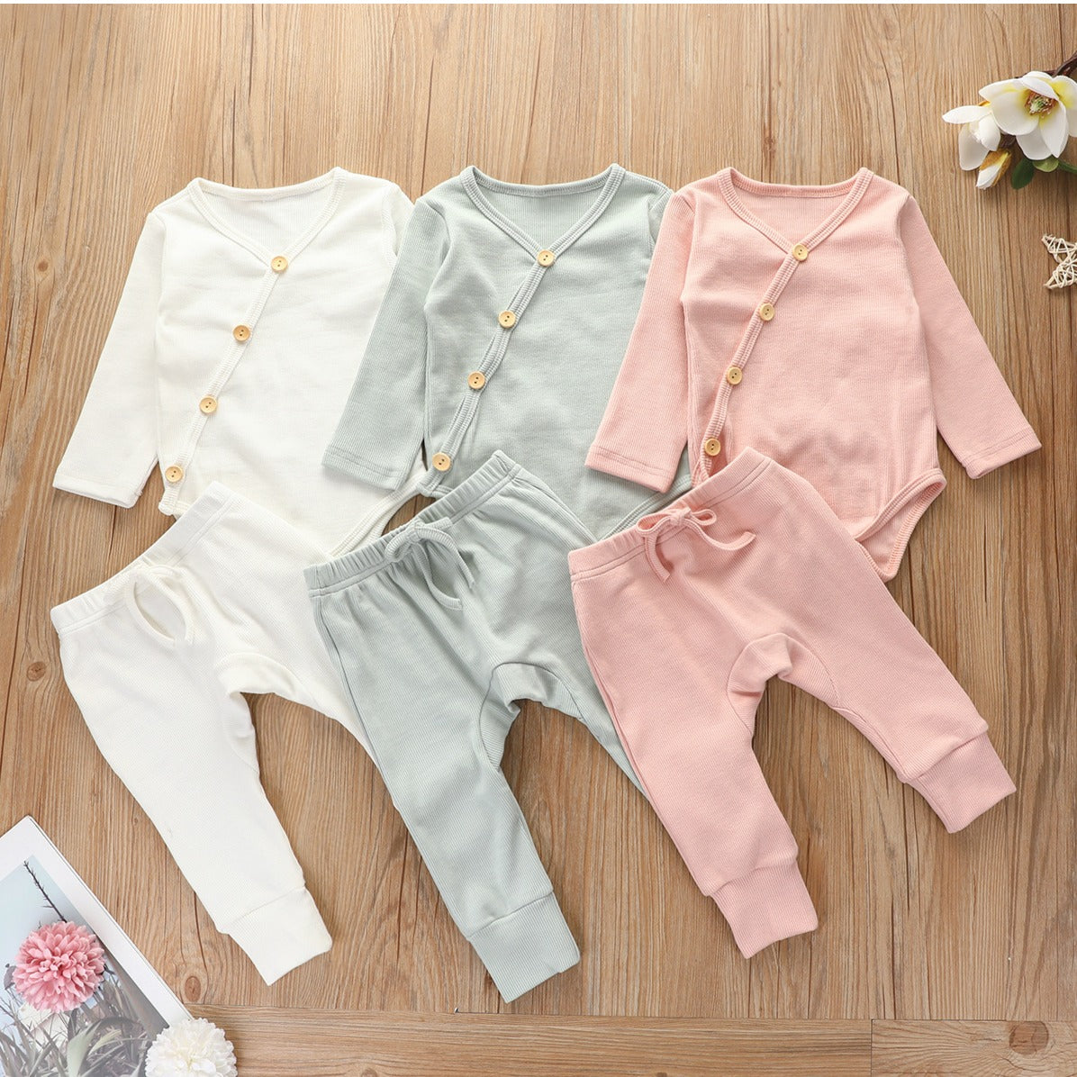 Dakota long sleeved kimono bodysuit and pants set - Blush
