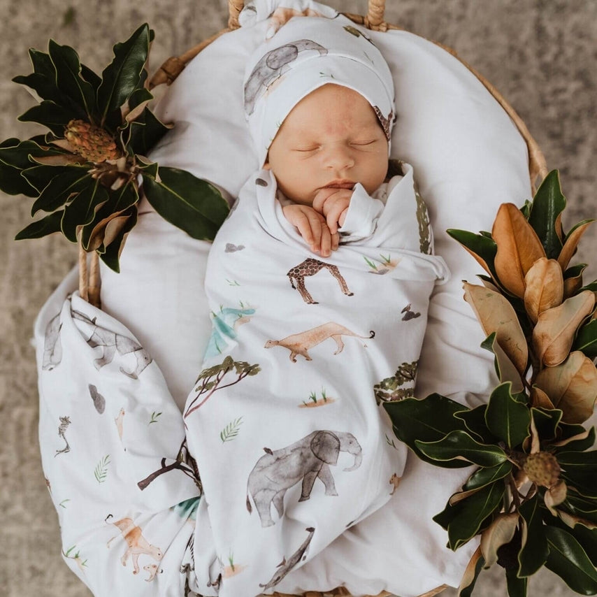 Snuggle Hunny Kids Safari Jersey Wrap &amp; Beanie Set