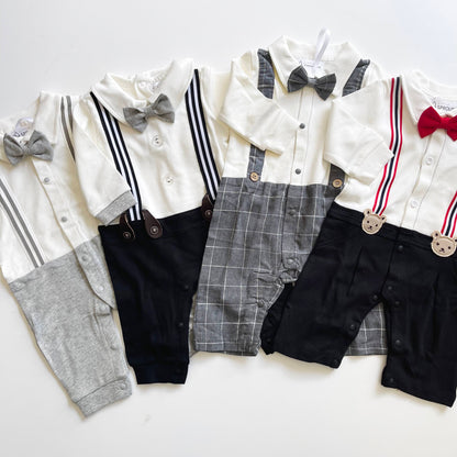 Long Sleeved Suspender Effect Romper - Grey and White